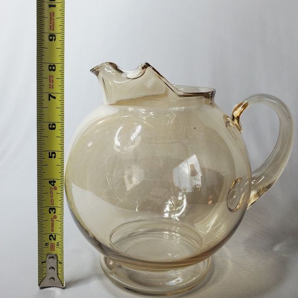 Vintage Amber Ball Pitcher Blown Glass Applied Handle Smooth Design Ripple Mouth - Picture 10 of 12